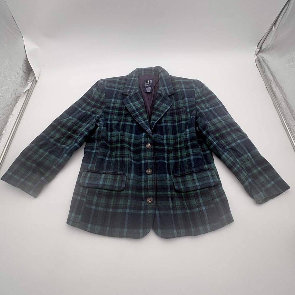 Gap Blazer Girls XL Green Plaid Wool Blend Lined Button Front Jacket Fall Winter
